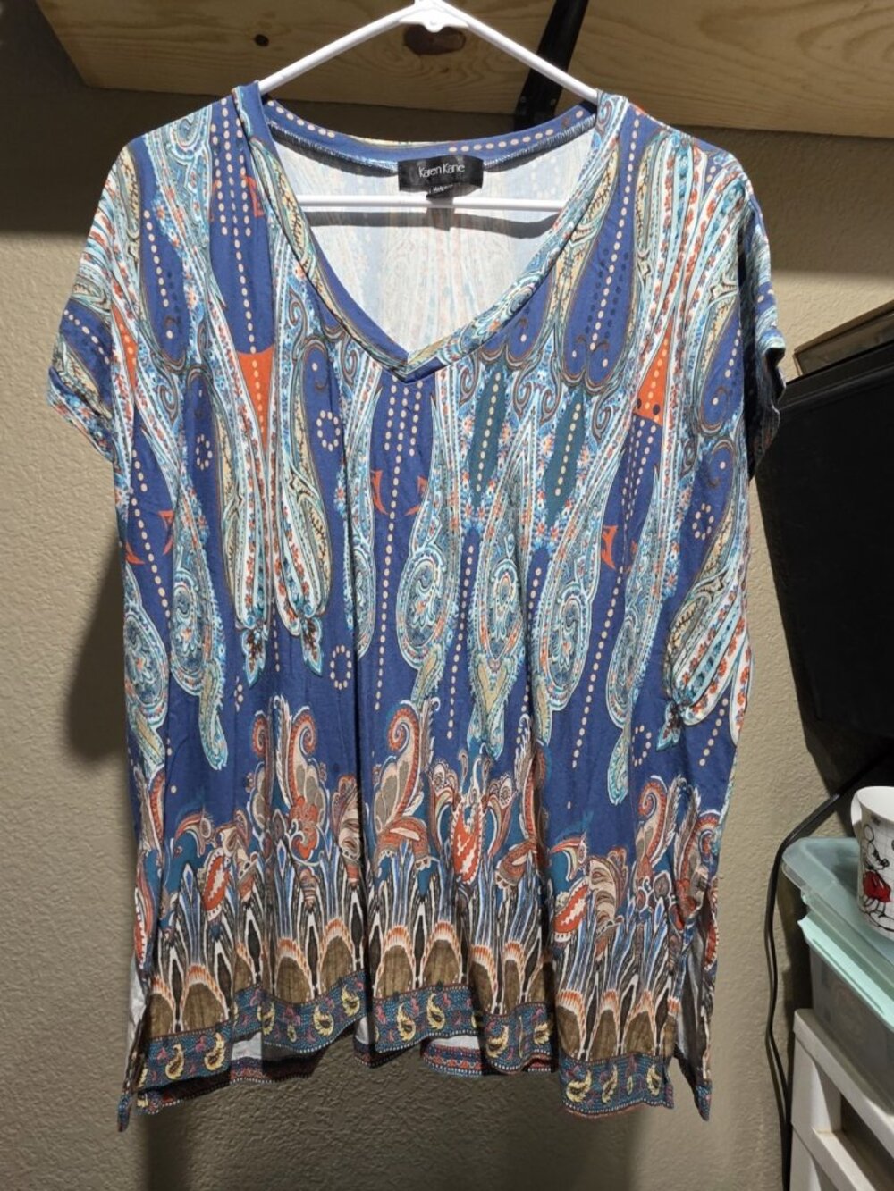 Karen Kane Blue Patterned Blouse Shirt Flowy Women's XL Short Sleeve V Neck